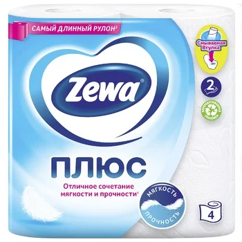 Бумага туалетная 2-х слойная, 4 рулона (4х23 м), белая, ZEWA Plus, 144051