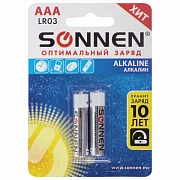 Батарейки КОМПЛЕКТ 2 шт., SONNEN Alkaline, AAA (LR03, 24А), алкалиновые, мизинчиковые, блистер, 4510