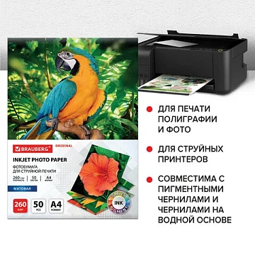 Фотобумага матовая, А4, 260 г/м2, односторонняя, 50 листов, BRAUBERG ORIGINAL, 363993