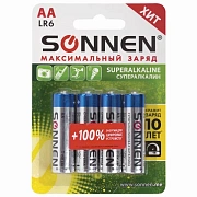 Батарейки КОМПЛЕКТ 4 шт., SONNEN Super Alkaline, АА (LR6,15А), алкалиновые, пальчиковые, блистер, 45