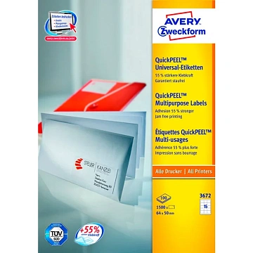 Этикетки самоклеящиеся Avery Zweckform QuickPeel 3672, белые, 64x50мм, 15шт на листе А4, 100 листов