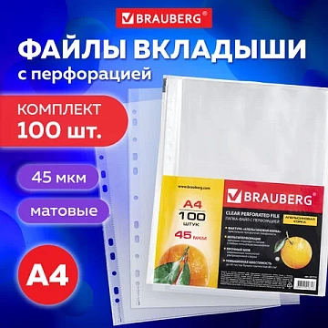 Папки-файлы перфорированные А4 BRAUBERG 'PREMIUM', КОМПЛЕКТ 100 шт., матовые, 45 мкм, 221713