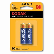 Батарейки алкалиновые 'мизинчиковые' КОМПЛЕКТ 2 шт., KODAK Max Super Alkaline, ААА (LR03, 15А), блис
