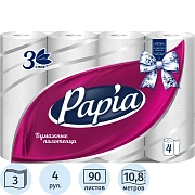Полотенца бумажные бытовые, спайка 4 шт., 3-слойные (4х11,2 м), PAPIA, 23x13 см, белые, 5081506