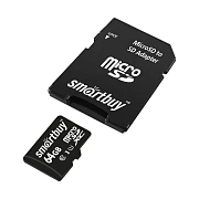 Карта памяти micro SDXC, 64 GB, SMARTBUY, 10 Мб/сек. (class 10), с адаптером, SB64GBSDCL10-01