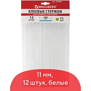 Клеевые стержни, диаметр 11 мм, длина 200 мм, белые, комплект 12 штук, BRAUBERG, европодвес, 670299
