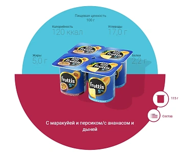 Йогурт Fruttis Сливочное лакомство персик-маракуя-ананас-дыня, 5%, 115г