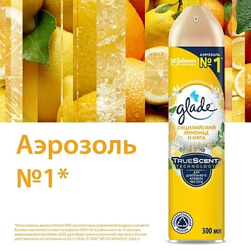 Освежитель воздуха аэрозольный 300 мл, GLADE 'Сицилийский лимонад и мята', 864948