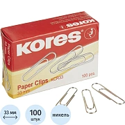 Скрепки KORES с отгибом,никелированные, 33 мм,негофрированные,100шт/уп