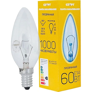 Лампа накаливания СТАРТ свеча/прозрачная 60W E14