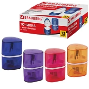 Точилка BRAUBERG 'Case', 3 отверстия для чернографитных и цветных карандашей (в том числе утолщенных), с контейнером, ассорти, 226943