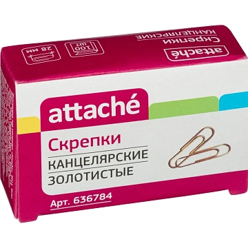 Скрепки Attache омедненные, 28 мм,негофрированные, золотистые, 100 шт/уп