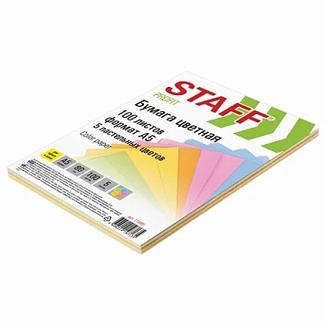 Бумага цветная STAFF 'Profit' МАЛОГО ФОРМАТА (148х210 мм), А5, 80 г/м2, 100 л. (5цв. х 20 л.), цветн
