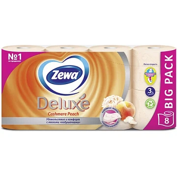 Туалетная бумага Zewa Deluxe персик, оранжевая, 3 слоя, 8 рулонов, 150 листов, 21м