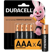 Батарейки КОМПЛЕКТ 4 шт., DURACELL Basic ОРИГИНАЛ, AAA (LR03, 24А), алкалиновые, мизинчиковые, MN 24