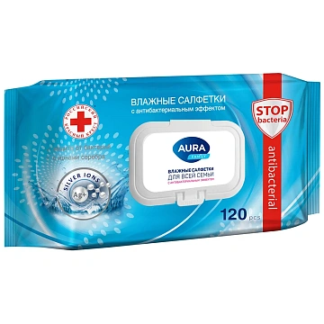 Салфетки влажные Aura Family с антибактериальным эффектом, 120шт