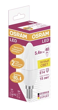 Лампа светодиодная Osram 5.4Вт, Е14, 3000К, теплый белый свет, свеча