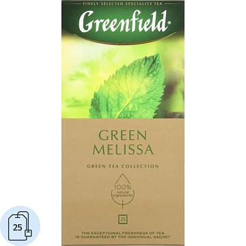 Чай GREENFIELD 'Green Melissa' зеленый с мятой и мелиссой, 25 пакетиков в конвертах по 1,5 г