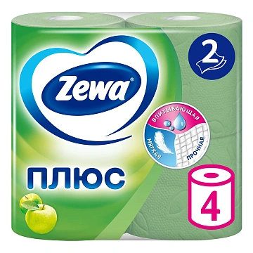 Туалетная бумага Zewa Плюс яблоко, 2 слоя, 4 рулона, 23 м, зеленая