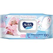 Салфетки влажные КОМПЛЕКТ 100 шт., для детей AURA 'Ultra comfort', гипоаллергенные, без спирта, крыш