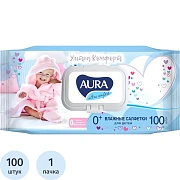 Салфетки влажные детские 100 шт., AURA Ultra Сomfort, гипоаллергенные, 0+, крышка клапан, 14588