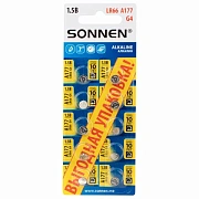 Батарейки алкалиновые 'таблетка' КОМПЛЕКТ 10 шт., SONNEN Alkaline 177A (G4, LR66), в блистере, 457135