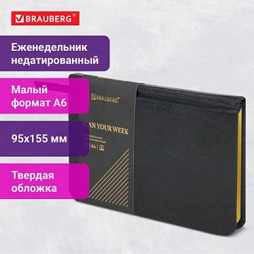 Еженедельник недатированный МАЛЫЙ ФОРМАТ 95х155 мм, А6, BRAUBERG 'Iguana', под кожу, 64 л., черный, 114480