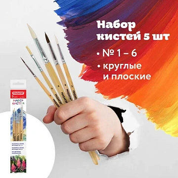 Кисти ПИФАГОР, набор 5 шт. (ПОНИ: круглые № 1, 4; КОЗА: круглые № 3, 6; ЩЕТИНА: плоская № 4), пакет