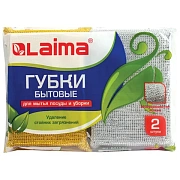 Губки для посуды 11,5х7,8х2,8 см, КОМПЛЕКТ 2 шт., поролон в металлизированной оплетке, LAIMA К1011, 601592