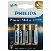 Батарейки алкалиновые 'пальчиковые' КОМПЛЕКТ 4 шт., PHILIPS Premium Alkaline, АА (LR6, 24А), блистер, Б0062753