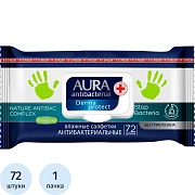 Салфетки влажные 72 шт., AURA антибактериальные, с пластиковым клапаном, 10037