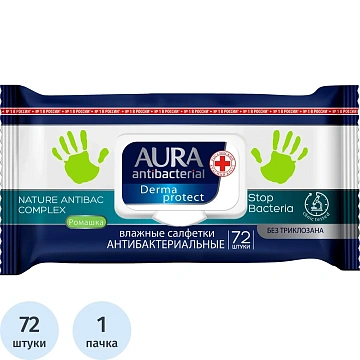Салфетки влажные 72 шт., AURA антибактериальные, с пластиковым клапаном, 10037