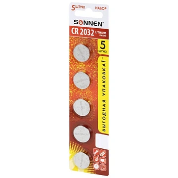 Батарейки литиевые SONNEN Lithium CR2032 'таблетки, дисковые, кнопочные' КОМПЛЕКТ 5 шт., блистер, 455504