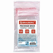 Пакеты с замком ZIP LOCK 'зиплок', комплект 100 шт., 60х80 мм, ПВД, толщина 35 микрон, BRAUBERG, 606207
