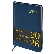 Еженедельник датированный 2026, А5, 145х215 мм, BRAUBERG 'Iguana', под кожу, синий, 117170