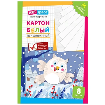 Картон белый А4, ArtSpace, 8 л., немелованный, в папке, 'Сова'