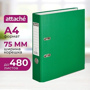 Папка-регистратор ATTACHE(ПВХ+бум)с мет.уголком,75мм,зеленая,ПБП1,карм.кор