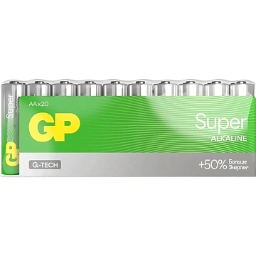 Батарейки КОМПЛЕКТ 20 шт., GP Super G-Tech, AA (LR6,15А), алкалиновые, пальчиковые, 15A-2CRVS20, GP 15A-2CRVS20