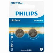 Батарейки литиевые PHILIPS Lithium CR2016, таблетки, дисковые, кнопочные, КОМПЛЕКТ 2 шт., в блистере