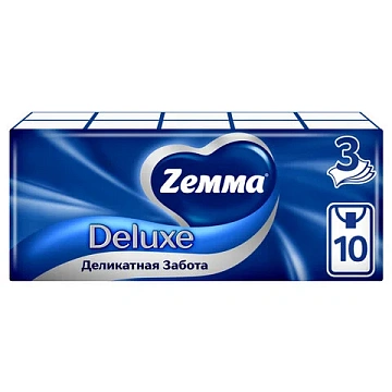 Платочки бумажные носовые ZEMMA/ZEWA Deluxe 3-слойные, СПАЙКА 10 пачек по 10 шт., 21х21 см, 511741