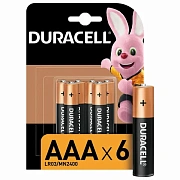 Батарейки КОМПЛЕКТ 6 шт., DURACELL Basic ОРИГИНАЛ, ААА (LR03, 24А), алкалиновые, мизинчиковые, Б0014