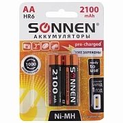 Батарейки аккумуляторные Ni-Mh пальчиковые КОМПЛЕКТ 2 шт., АА (HR6) 2100 mAh, SONNEN, 454234