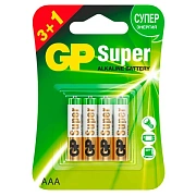 Батарейки КОМПЛЕКТ 4 шт., GP Super, AAA (LR03,24А), алкалиновые, мизинчиковые, ПРОМО 3+1, 24A3/1-2CR