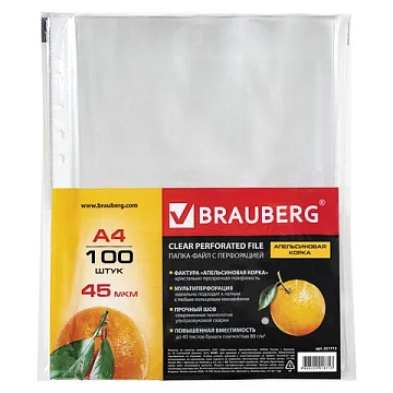 Папки-файлы перфорированные А4 BRAUBERG 'PREMIUM', КОМПЛЕКТ 100 шт., матовые, 45 мкм, 221713