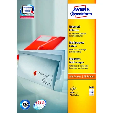 Этикетки самоклеящиеся Avery Zweckform 3664, белые, 70x33.8мм, 24шт на листе А4, 100 листов