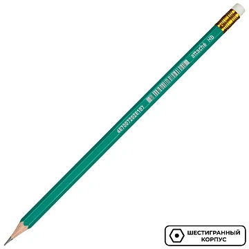 Карандаш чернографитный плаcтик, с ластиком,HB,зелен.корпус