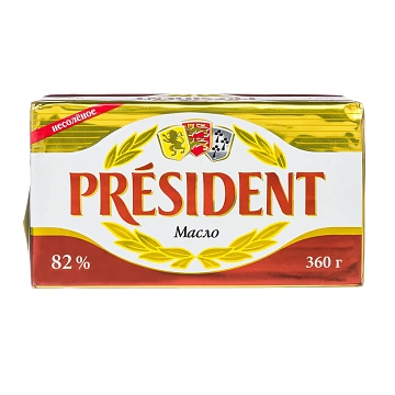 Масло сливочное President кислосливочное 82%, 360г