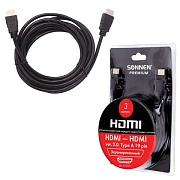 Кабель HDMI AM-AM, 3 м, SONNEN Premium, ver 2.0, FullHD, 4К, UltraHD, для ноутбука, компьютера, мони