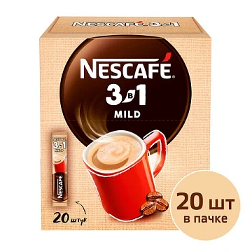 Кофе растворимый порционный NESCAFE '3 в 1 Мягкий', КОМПЛЕКТ 20 пакетиков по 14,5 г, 12460876