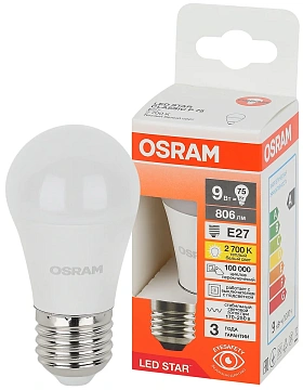 Лампа светодиодная Osram E27 9Вт шар теплый белый